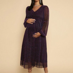 Rochie midi cu decolteu in V, efect sclipici si maneci largi, Maternity, mov, dama