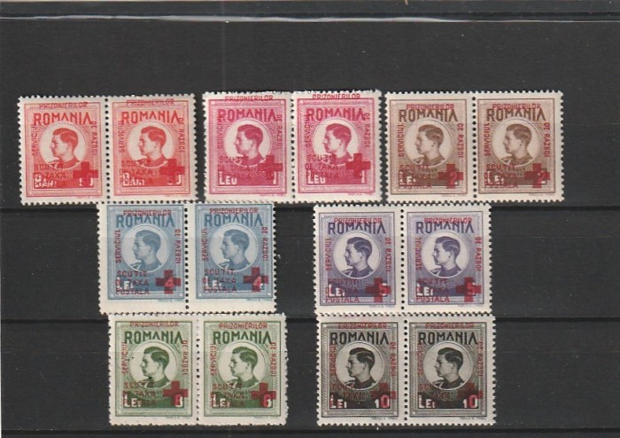 RO -1946 MIHAI SERVICIUL PRIZONIERILOR DE RAZBOI SCUTIT DE TAXA POSTALA SUPRATIPAR MNH PERECHE NESTAMPILATA