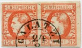 1869 , Lp 27 , Carol I cu favoriti 15 Bani rosu , pereche - stampila timp GALATZI