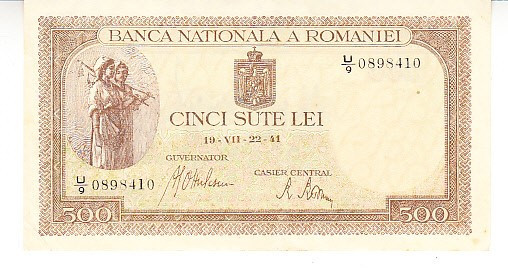 M1 - Bancnota Romania - 500 lei emisiune iulie 1941 - filigran BNR orizontal