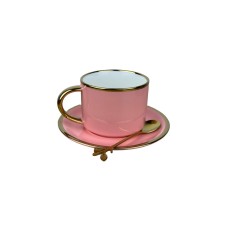 Set Ceasca de cafea din ceramica cu farfurie si lingurita,Roz