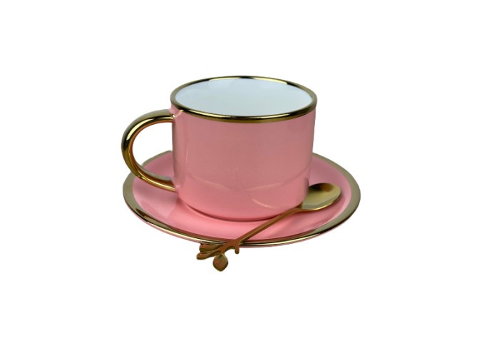 Set Ceasca de cafea din ceramica cu farfurie si lingurita,Roz