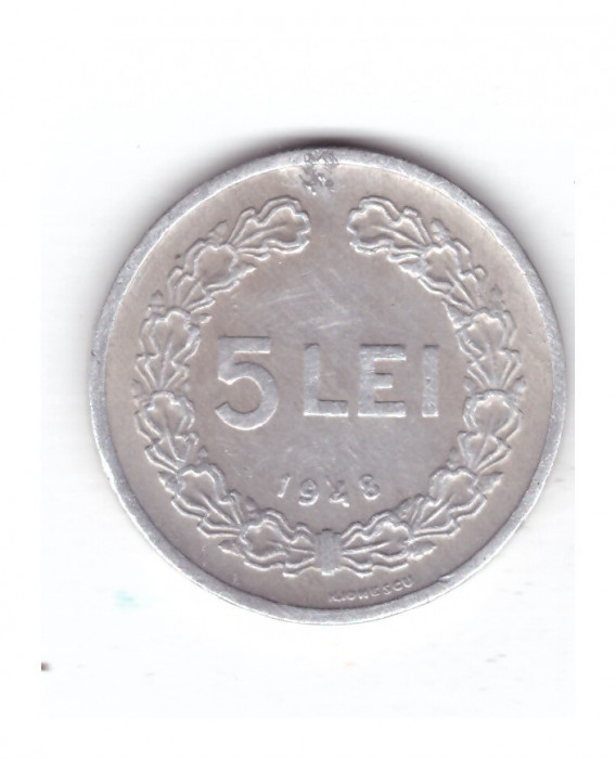 Moneda 5 lei 1948, stare buna, curata, mica urma de tragere de la matrita