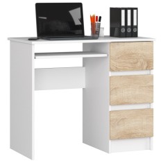 Birou computer cu 3 sertare si raft pentru tastatura, dreapta, 90x50x77 cm, alb si stejar sonoma Household NewTrend