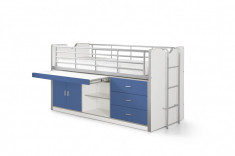 Pat etajat din pal si metal cu birou incorporat si 3 sertare, pentru copii Bonny Alb / Albastru, 200 x 90 cm foto