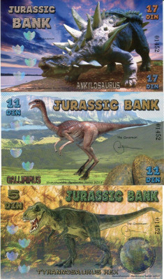 !!! RARR : FANTASY NOTES = JURASSIC BANK - 5 + 11 + 17 DIN 2015 - UNC / POLIMER foto