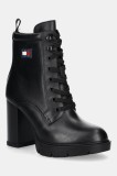 Tommy Jeans cizme de piele TJW HEEL LACE UP BOOT culoarea negru, cu toc drept, EN0EN02832