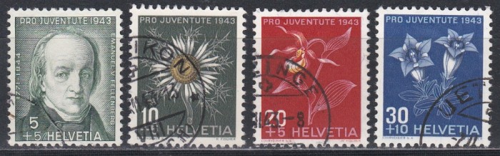 Elvetia 1943 - Pro Juventute - Cea de-a 100-a aniversare de la moartea lui Emanuel von Fellenberg - Flori, Cota CTO 11.50, Stampilat