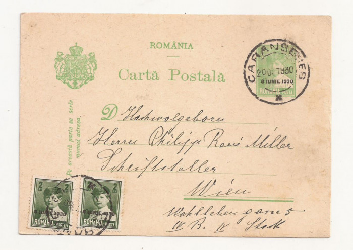 R1 Romania - Carta postala , Caransebes-Wien, circulata 1930
