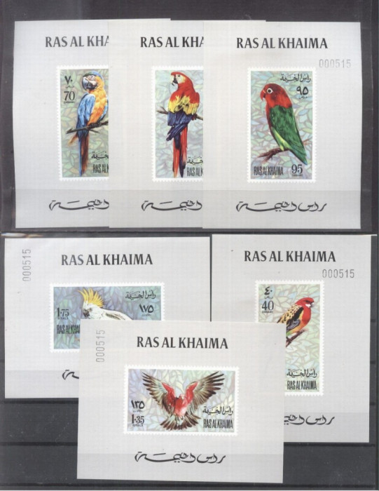Ras al Khaima 1972 Birds Parrots 6 imperf. sheet with no. Mi.663-8 MNH DE.209
