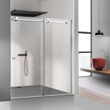 Paravan dus cu usa glisanta Glissando INOX, perete fix cu usa culisanta din sticla clara securizata, pentru nisa cu latime intre 140-150x205 cm, Leroy Glass