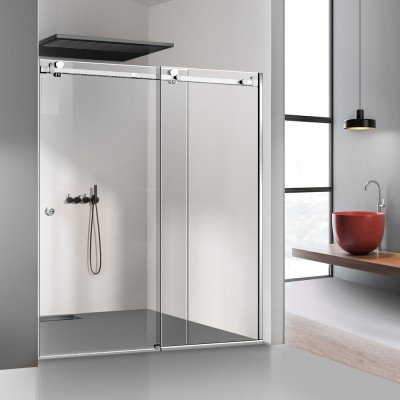 Paravan dus cu usa glisanta Glissando INOX, perete fix cu usa culisanta din sticla clara securizata, pentru nisa cu latime intre 170-180x205 cm foto