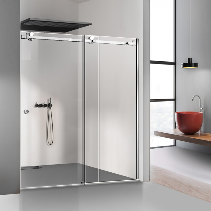Paravan dus cu usa glisanta Glissando INOX, perete fix cu usa culisanta din sticla clara securizata, pentru nisa cu latime intre 170-180x205 cm