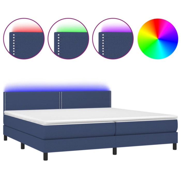 Pat cu arcuri, saltea si LED, albastru, 200x200 cm, textil