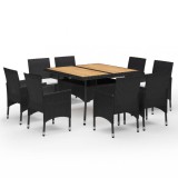 Set mobilier gradina, 9 piese, negru, poliratan si lemn acacia
