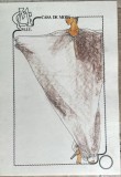 Tehnică mixtă pe carton subțire, Casa de Modă M.I.U., 30 x 21 cm, modă rom&acirc;nească, schiță vestimentară
