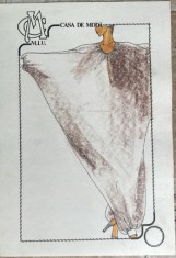Tehnică mixtă pe carton subțire, Casa de Modă M.I.U., 30 x 21 cm, modă rom&acirc;nească, schiță vestimentară