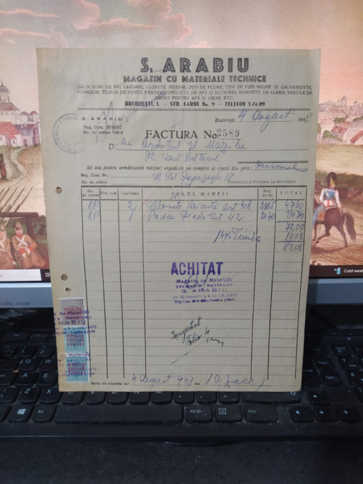 S. Arabiu Magazin cu materiale technice, str. Carol nr. 9, Buc. Factură 1948 082