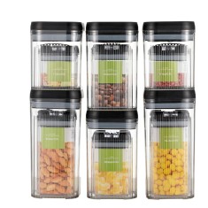 Cutii de Depozitare Alimente, Cyrax, Set din 12 Cutii de tip Container, Recipiente pentru Cereale in Bucatarie, Transparente cu Capac Negru