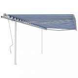 VidaXL Copertină retractabilă manual, st&acirc;lpi, albastru/alb, 4,5x3,5 m