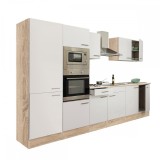Mobilier de bucătărie Yorki 330, cu corp din stejar Sonoma, fațade albe cu finisaj satinat și dulap cu rafturi, fără blat de lucru
