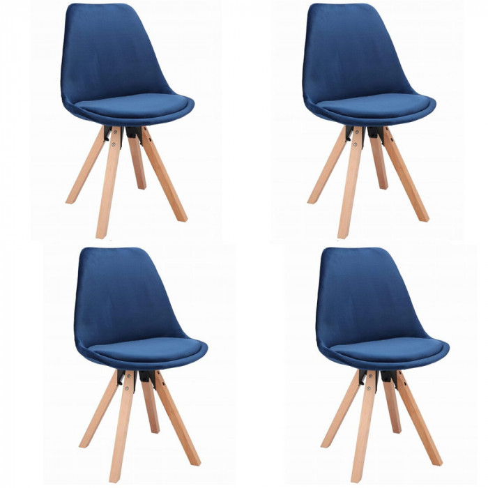 Set 4 scaune bucatarie/living, Jumi, saida, catifea, lemn, albastru si natur, 49x52x83 cm
