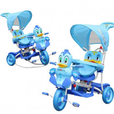 Tricicleta copii 2 in 1, functie balansoar, efecte sonore, cos, protectie soare, albastru foto