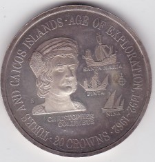 Turks and Caicos Islands 20 Crowns - Elizabeth Christopher Colombus 1975 foto