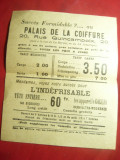 Invitatie- Reclama - Palatul Coafurilor Paris - interbelica ,cu tarifele respect