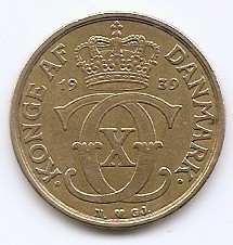 Danemarca 1 Coroană 1939 - Christian X, Bronz aluminiu, 25,5 mm, KM-824