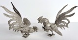 Lupta de cocosi - set vintage 2 cocosi metalici vintage, bronz aliaj placat cu argint