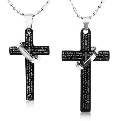 Set coliere pentru cupluri realizate din oțel 316L, cruce neagră cu inel,  rugăciune | Okazii.ro