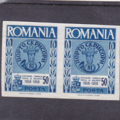 ROMANIA EXIL 1958 CENTENARUL PRIMULUI TIMBRU POSTAL AL MOLDOVEI,MNH,NED. PERECHE