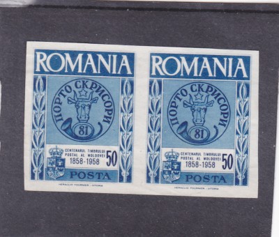 ROMANIA EXIL 1958 CENTENARUL PRIMULUI TIMBRU POSTAL AL MOLDOVEI,MNH,NED. PERECHE foto