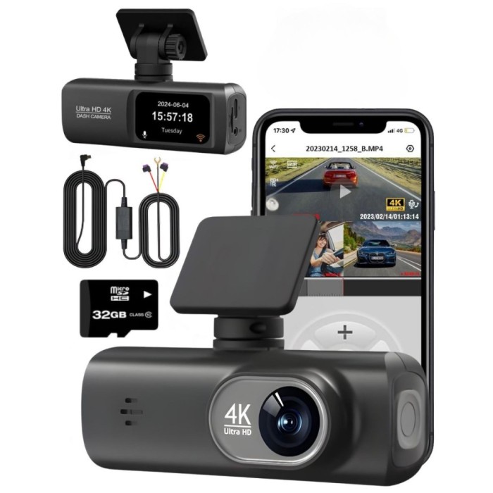 Camera de bord DVR V22 QOVU&reg; Single 4K Fata, Modul GPS, Card 32GB si Kit parcare incluse, Senzor coliziune, Camp vizual ultra larg 170&deg;, Vedere noctur