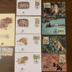 laos - feline - tigru - serie 4 timbre MNH, 4 FDC, 4 maxime, fauna wwf