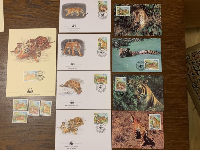 laos - feline - tigru - serie 4 timbre MNH, 4 FDC, 4 maxime, fauna wwf