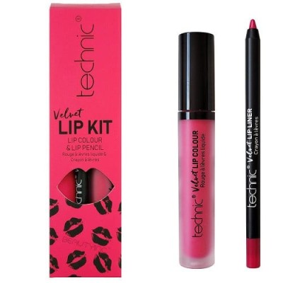 Set ruj si creion de buze, Technic, Velvet Lip Kit, Little Fuchsia foto