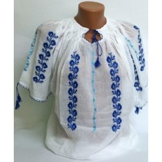 Ie traditionala din bumbac cu motive florale, Alb/Albastru