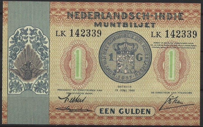 !!! F RARR : INDIILE OLANDEZE - 1 GULDEN 1940 - P 108 a - UNC / CEA DIN SCAN