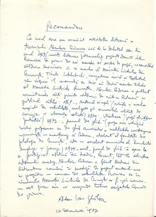 A3402N Document scris și semnat olograf de Alecu Ivan-Ghilia, 1977