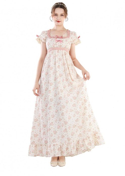 Rochie victoriana CR ROLECOS, design floral, alb roz, L - OUTLET