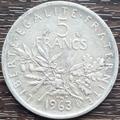 (A274) MONEDA DIN ARGINT FRANTA - 5 FRANCS 1963, SEMANATOAREA, 12 GRAME, AG 835