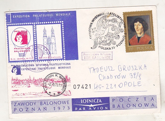 bnk fil Polonia - plic ocazional Expofil Posnan 1973 - posta prin balon