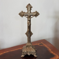 CRUCIFIX DE ALTAR DIN METAL CROMAT -CULT CRESTIN CATOLIC-FRANTA 1900 foto