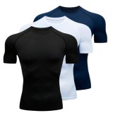 Set 3 Tricouri Compresie Barbati Slim Fit, Negru/Alb/Albastru, Marimea L, Sport Fitness Alergare