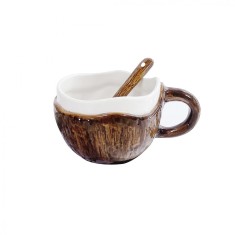 Cana din Ceramica, Cyrax, 201-300 ml, cu Lingurita, Model Nuca de Cocos, Maro foto