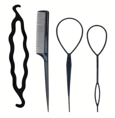 Set 4 accesorii impletire par, pentru coc retro vintage, plastic, negru