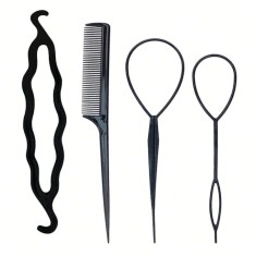 Set 4 accesorii impletire par, pentru coc retro vintage, plastic, negru