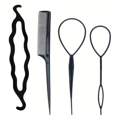 Set 4 accesorii impletire par, pentru coc retro vintage, plastic, negru foto